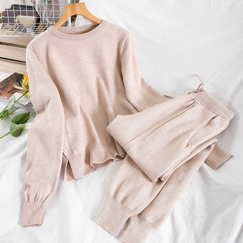 DEAT Spring Autumn Women Fashion Round Neck Long Sleeve Loose Top Harun Pants Casual Knitted Two Piece Set RD839 210709
