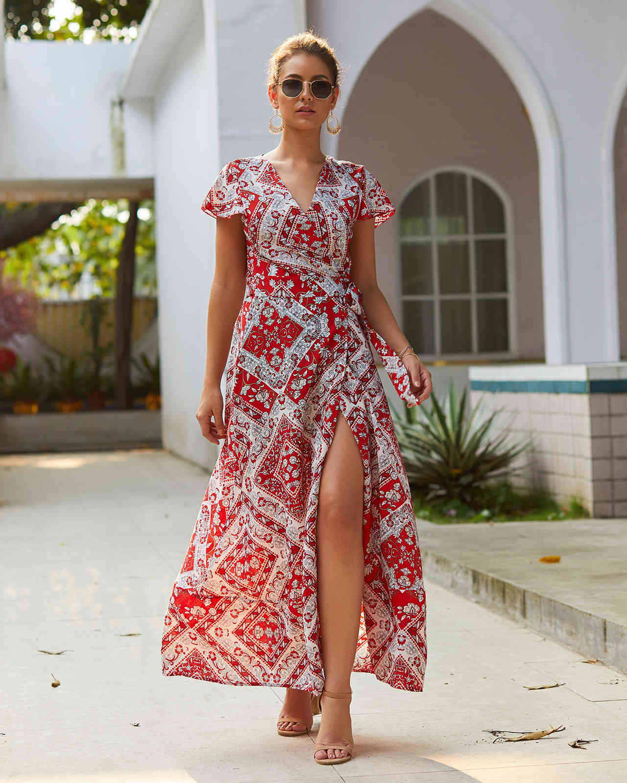 Women Dress Printed Bohemia es Sexy Long Print Floral Maxi V Neck Short Sleeve Lace Up Summer es 210513