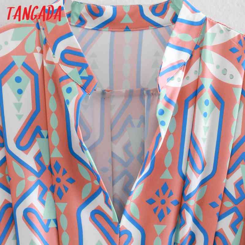 Spring Fashion Women Geometry Print Shirt Long Sleeve Strethy Waist Office Ladies Midi Dress 2W76 210416