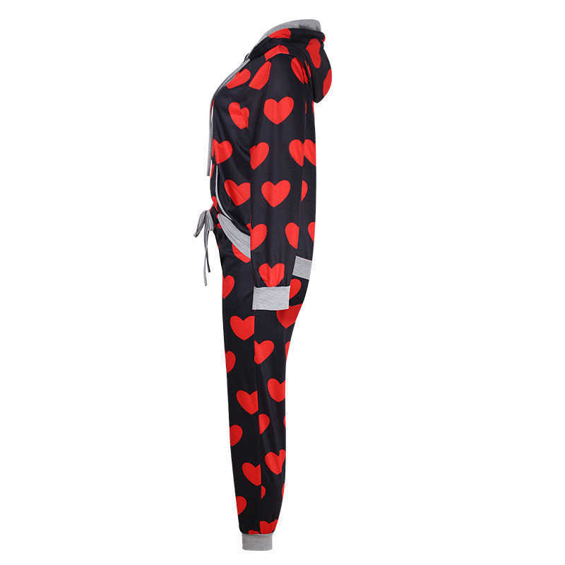 Homewear Women Spring Fall Red Heart Print Front Pocket Pullover Tops+Drawstring High Waist Pencil Pants Ensemble Pantalon Femme 210604
