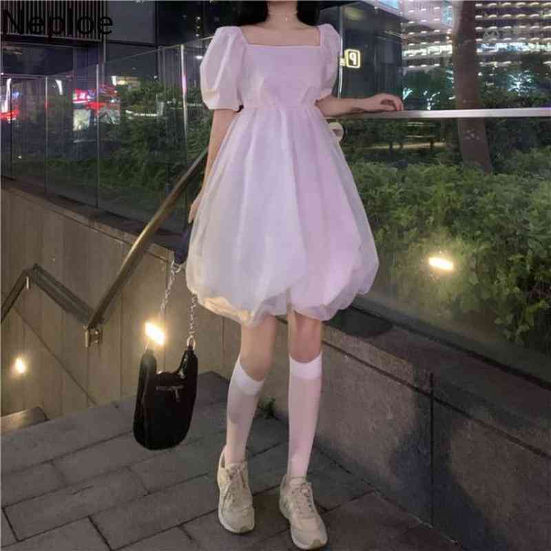 Neploe White Gauze Dress Women Lolita Puff Sleeve Kawaii Cute High Waist Dresses Fashion Korean Streetwear Slim Vestidos 210422