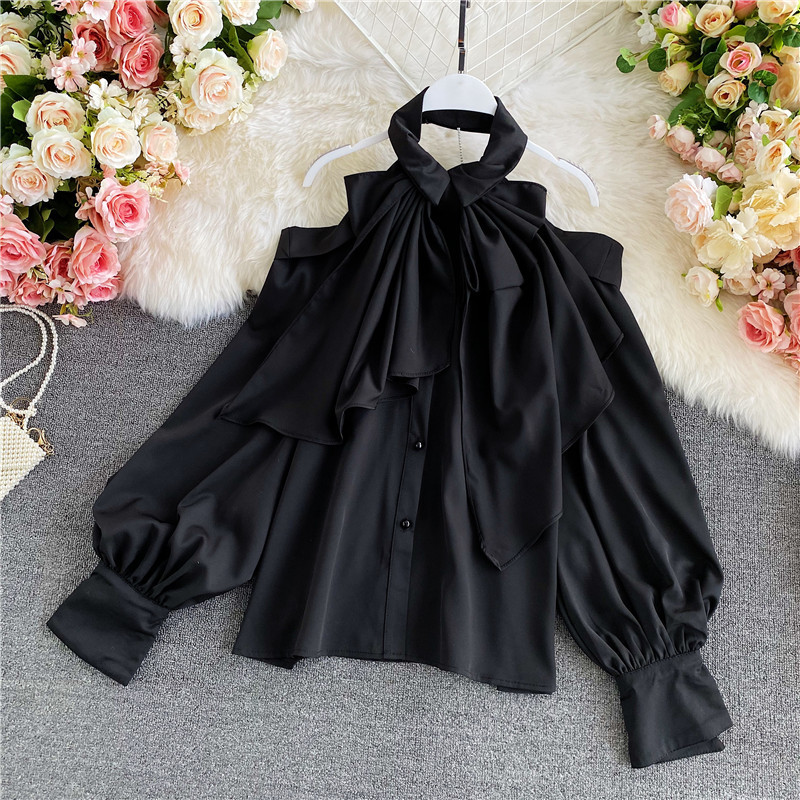 Nomikuma Sweet Bow Tie Halter Top Blouse Causal Long Sleeve Strapless Shirt Spring New Korean Blusas Mujer De Moda 6D830 210427