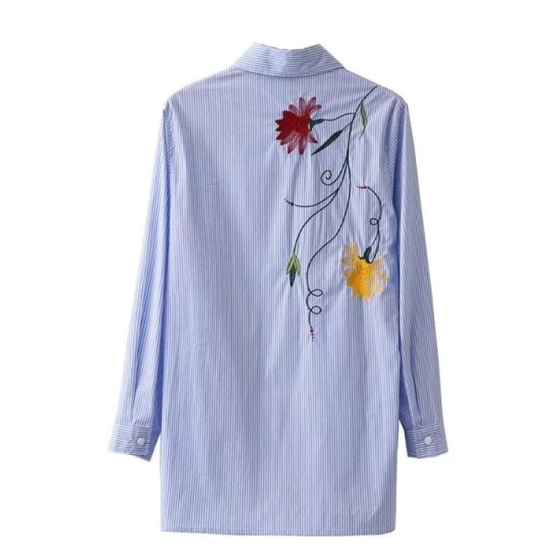 Fashion Women Embroidery Blouses Long Sleeve Loose Shirts Turndown Collar Striped Tops Camisas Femininas S980 210430
