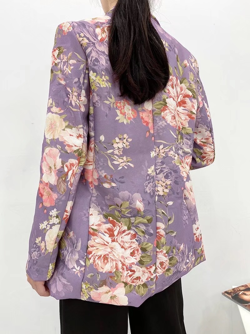 Autumn CHIC Shawl Collar Purple Daisy Flower Print Blazer Vintage BF Style Mid Long Women Suit Coat Loose Femme 210429