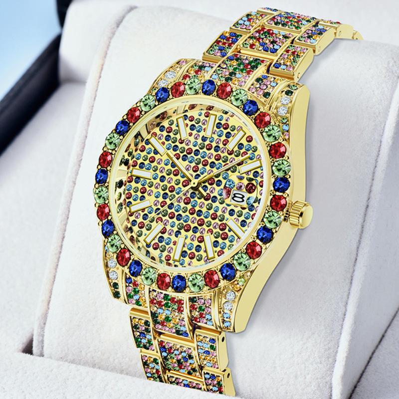 Wristwatches Full Rainbow Crystal Luxury Gold Watch Men Stainless Steel Men's WristWatch Top Male Clock Relogio Masculino Hip Hop Man
Wristwatches Full Rainbow Crystal Luxury Gold Watch Men Stainless Steel Men's WristWatch Top Male Clock Relogio Masculino Hip Hop Man