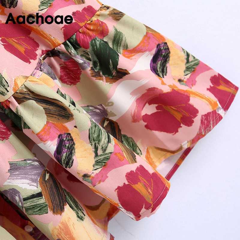 Aachoae Women Vintage Printed Mini Dress Summer Puff Short Sleeve Chic Dresses Turn Down Collar Loose Shirt Dress Vestidos 210630