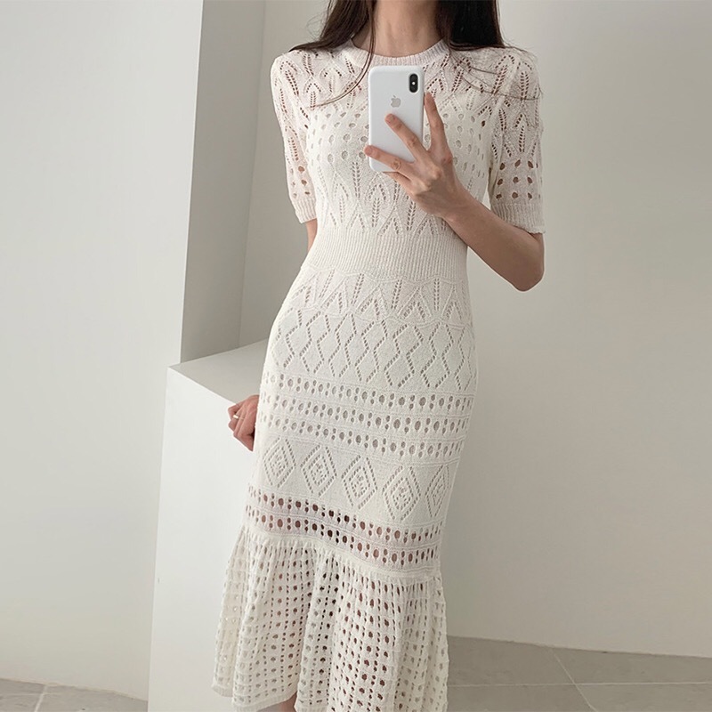 Korean Chic Hollow Out Knitted Summer Elegant Women Short Sleeve O-Neck Knitting Sweater Female Midi Mermaid Dress 210416