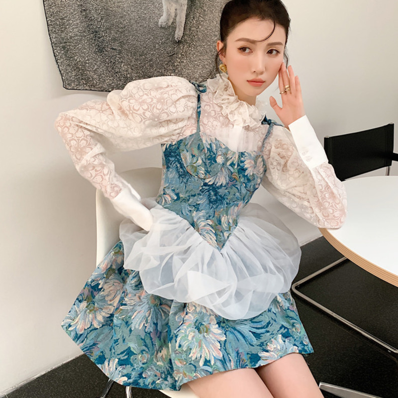 Women Dress Printing Sleeveless High Waist Patchwork Temperament Cute Short Dresses Fit Fashion Summer 2H280 210526