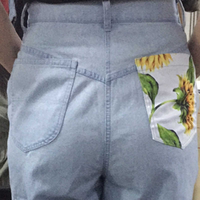 Trend Sunflowers Printed Light Blue Jeans fit women young Girls soft denim long pant patchwork Harem hight waist jeans 210915