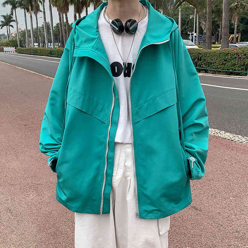 Spring New Korean Fashion Jackets Men's Loose Windbreaker Hooded Zipper Jacket Coats Men's Casual Outwear Black Lake Green 210412