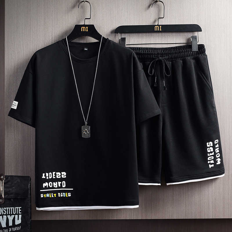 Fashion High Quality Shirts+Shorts Men Set Summer Short Sleeve Shirts Casual Men Clothing Sets Tracksuit Male Plus Size 5XL 210603