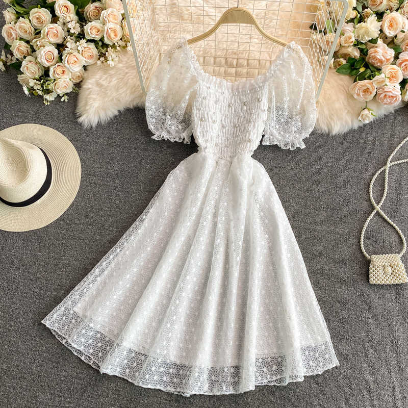 Sweet Women Beading Lace Dress Summer White/Beige Short Puff Sleeve High Waist Square Collar Casual Vestidos Elegant Robe 2021 Y0603
Sweet Women Beading Lace Dress Summer White/Beige Short Puff Sleeve High Waist Square Collar Casual Vestidos Elegant Robe 2021 Y0603