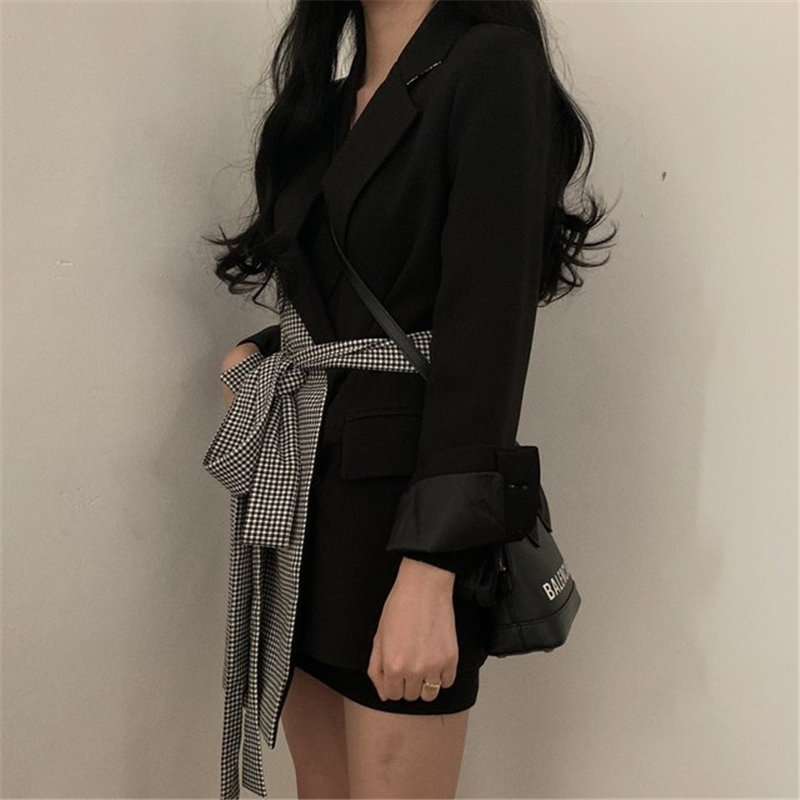 Korean Patchwork Chic Plaid Irregular Fashion Slim Autumn Full Sleeves High Quality Lace-Up Women OL Blazers 210421