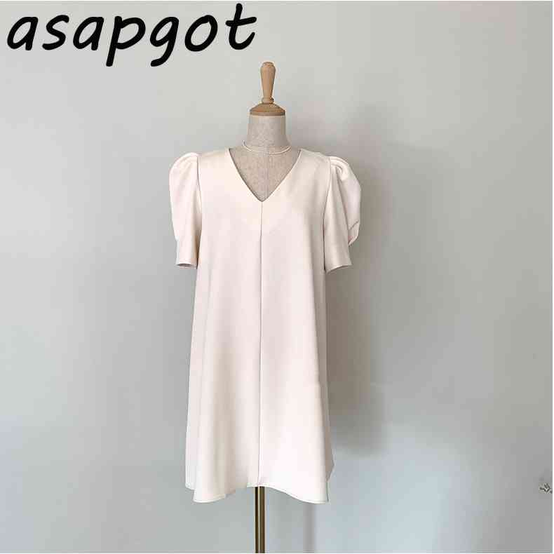 Dresses Women's Clothing Chic Korean V Neck Puff Short Sleeve Minimalism Temperament Loose Dress Women Mini Solid Retro Summer 210429
