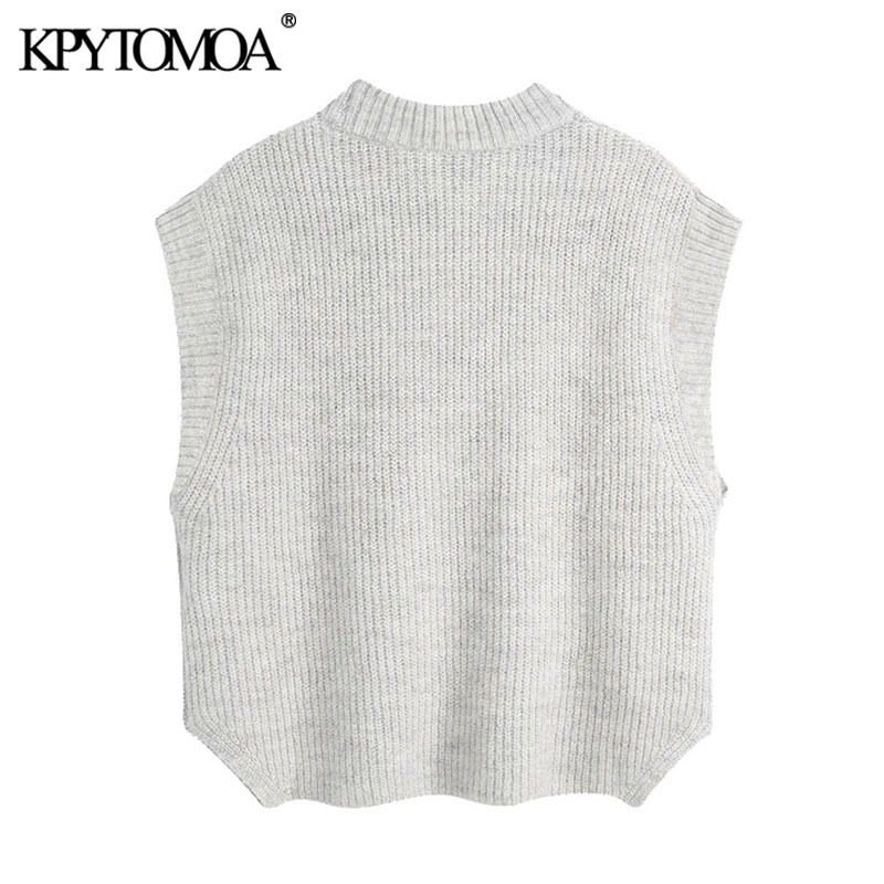 Women Fashion Loose Side Vents Knitted Vest Sweater O Neck Sleeveless Female Waistcoat Chic Tops 210420
