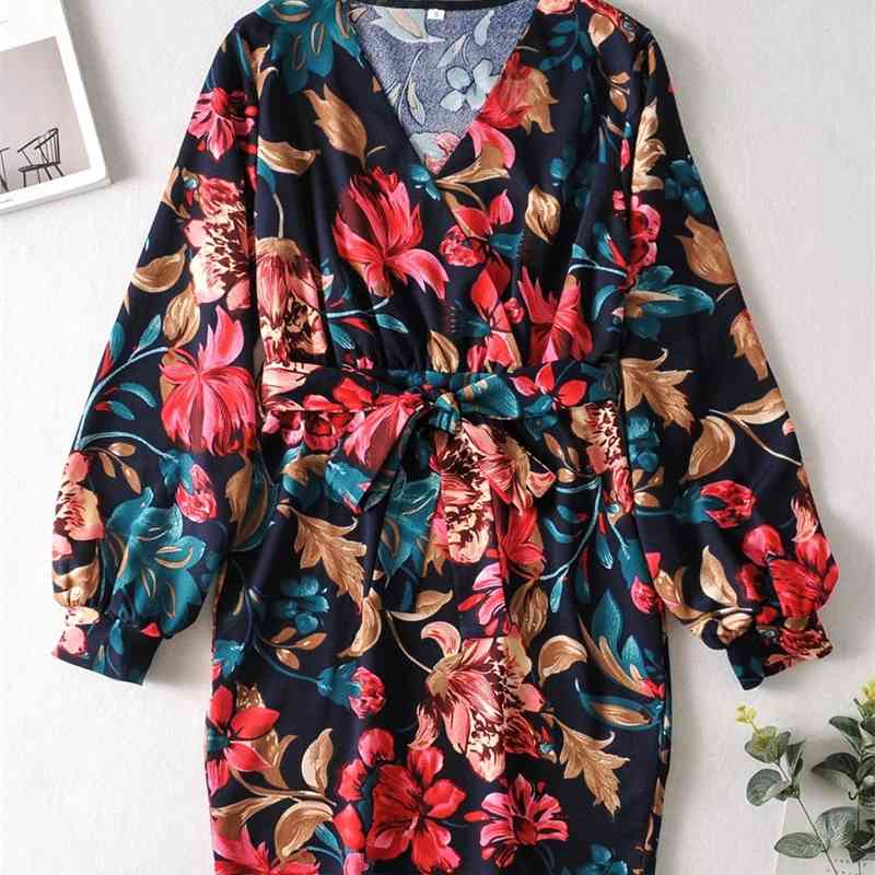 Sexy Floral Print Long sleeve Mini Short Dress Women Cross Deep V neck Party Dresses Package hips Slim fit Vestidos 210429