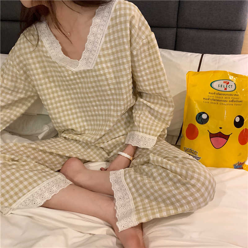 CAIYIER Korean Ulzzang Pink Plaid Print Pajamas Set Lovely V-Neck Girls Nightwear Loose Casual Long Sleeve Winter Homewear Suit 210924