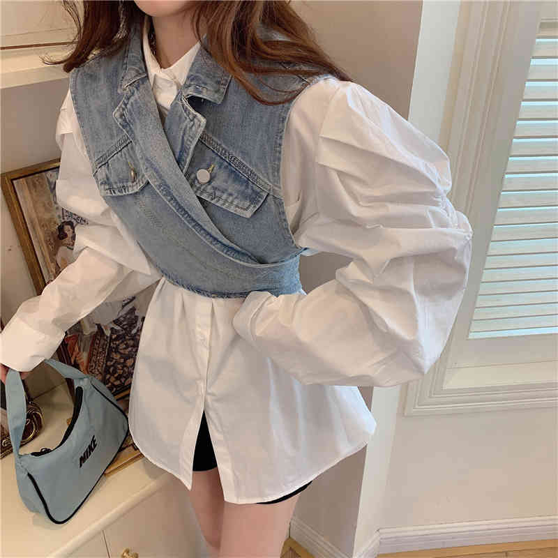 VGH White Minimalist Shirt For Women Lapel Puff Long Sleeve Casual Basic Spring Blouse Female Fashion New Clothing Tide 210421