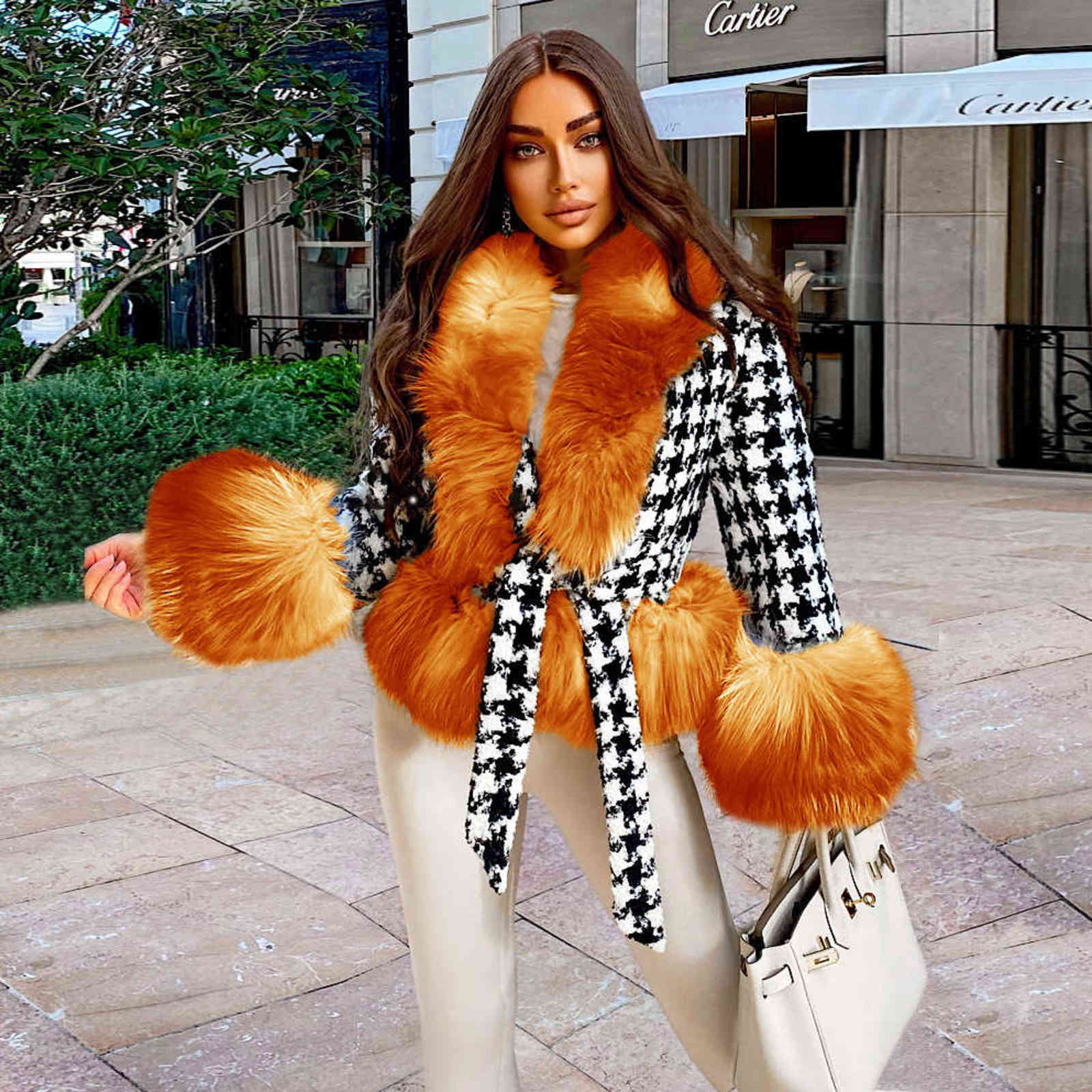 Winter Leather Jacket Stitching Faux Fur Collar Cuff Coat Women Slim Elegant Warm Thick Overcoat with Belt Female 211105