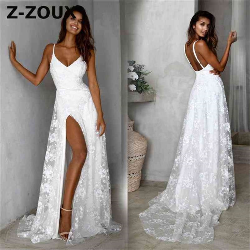 Women Dress V-neck Sleeveless Sling es Split Lace es Plus Size White Bohemian Summer Clothes 210513