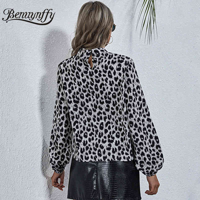 Stand Collar Leopard Print Women Tops and Blouses Spring Lantern Long Sleeve Office Lady Elegant Blouse 210510