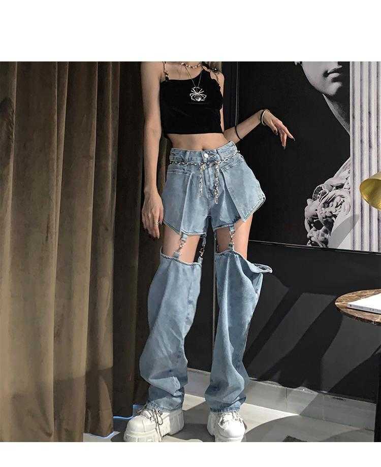 High street Jeans Women Splice Wide Leg Trousers Hiphop cotton Loose Retro Chain Removable Cool Girls Womens Denim pants 210922
