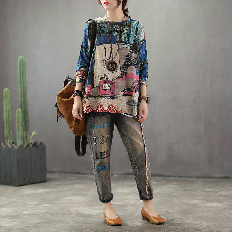 Arrival Spring Fashion Women Jeans Elastic Waist Loose Denim Harem Pants Ladies Ripped Vintage Embroidery letter D108 210512