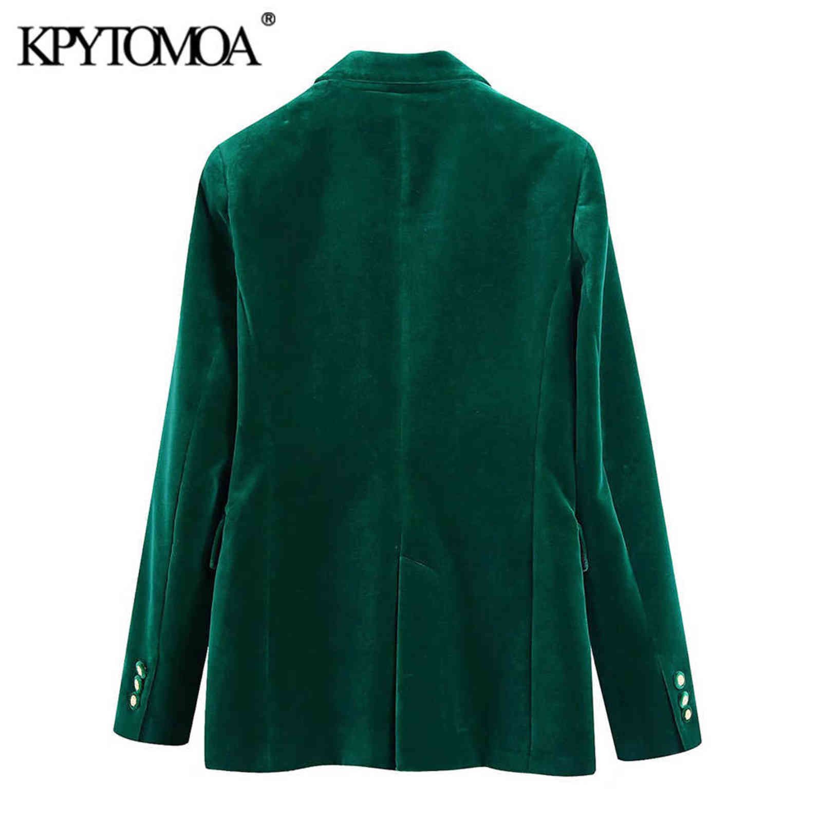 KPYTOMOA Women Fashion Metal Button Velvet Green Blazer Coat Vintage Long Sleeve Flap Pockets Female Outerwear Chic Veste 211122