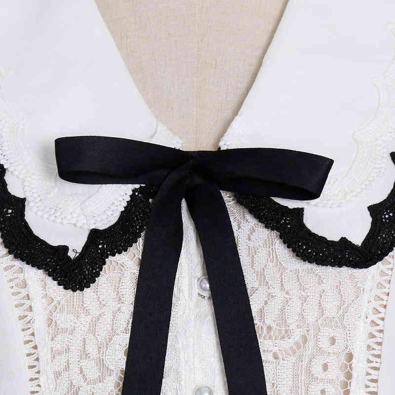 TWOTWINSTYLE White Patchwork Lace Blouse For Women V Neck Flare Sleeve Bowknot Elegant Shirt Female Fashion Clothing Autumn 210517