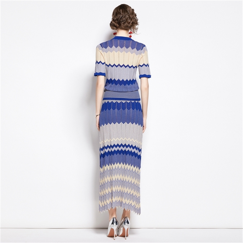 Autumn Women's Two-piece set Elegant Blue Wave Striped Knitted Suit Short sleeve Sweater Top + High waist Long Skirt 210519
