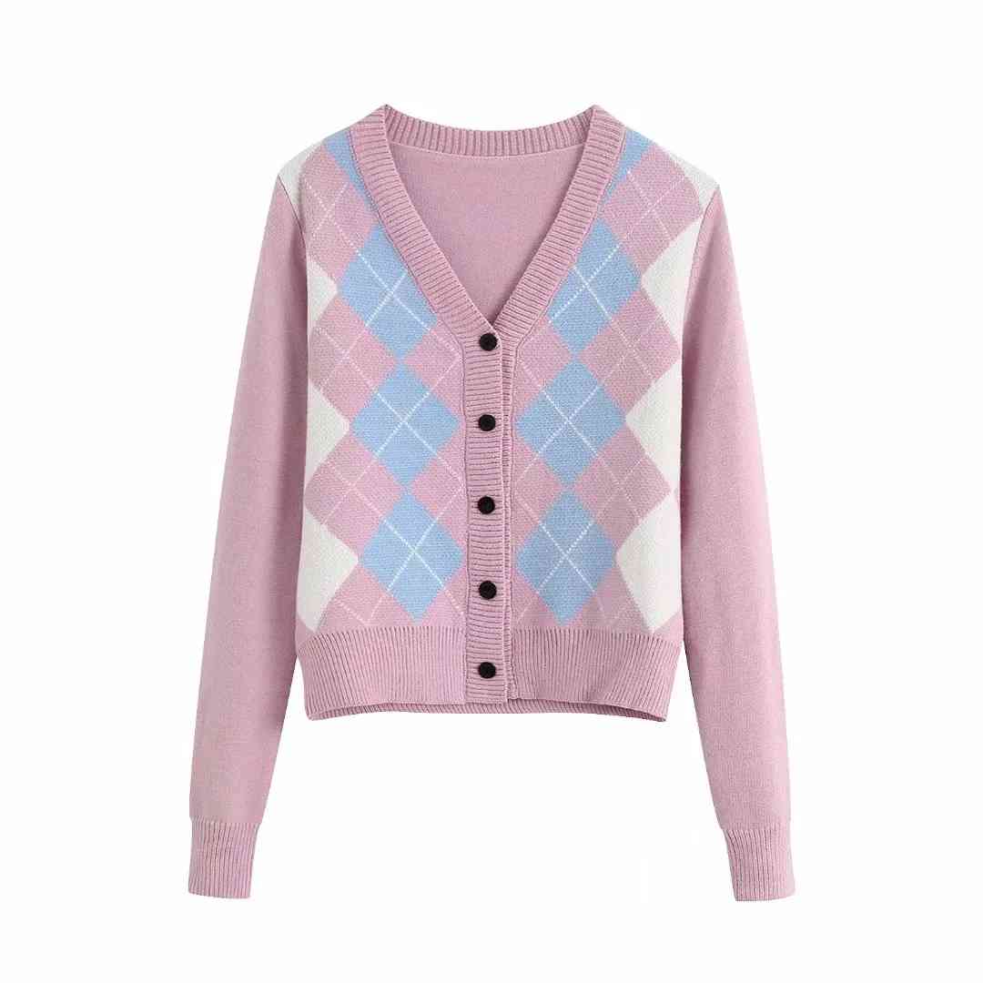 Vintage argyle pink Cardigan sweater women crop Sweater Fashion Long Sleeve knitted casual coat Chaqueta 210521