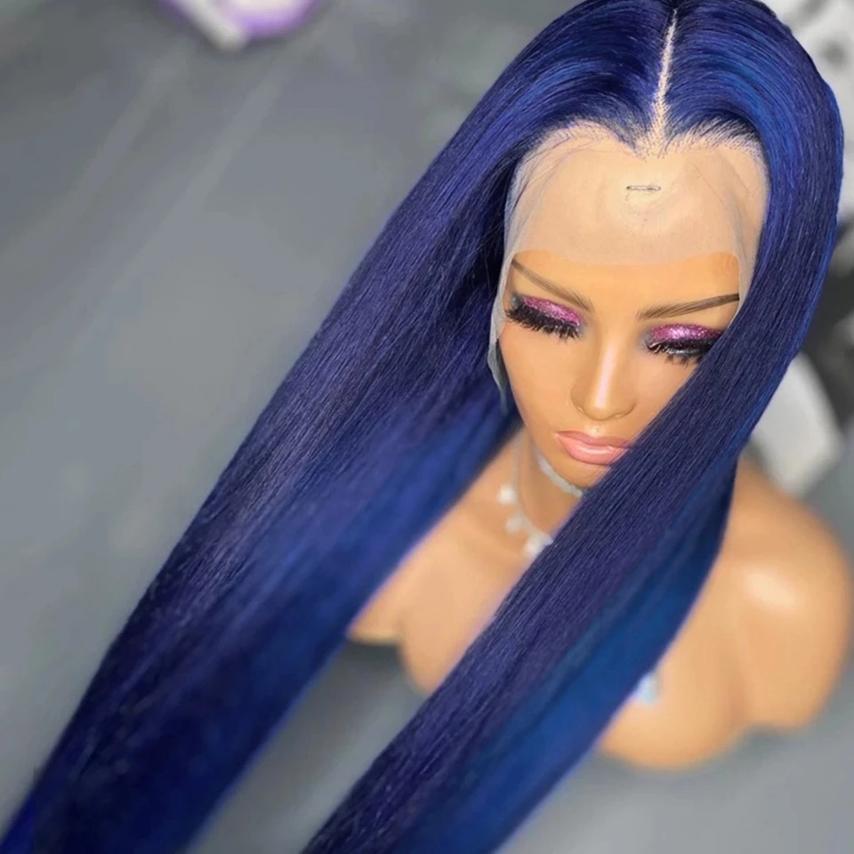 Long Straight Wigs dark Blue Color Glueless Heat Resistant Fiber Hair Synthetic Lace Frontal Wig for Black Women