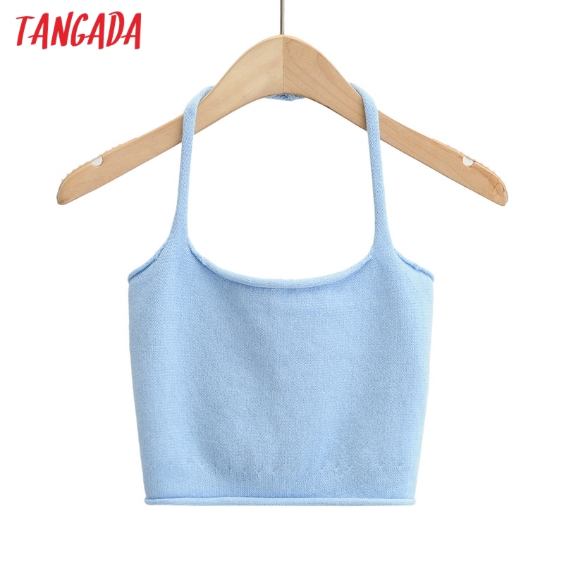 Women Knit Halter Camis Crop Top Spaghetti Strap Sleeveless Backless Short Shirts Female Casual Solid Tops 4P55 210416