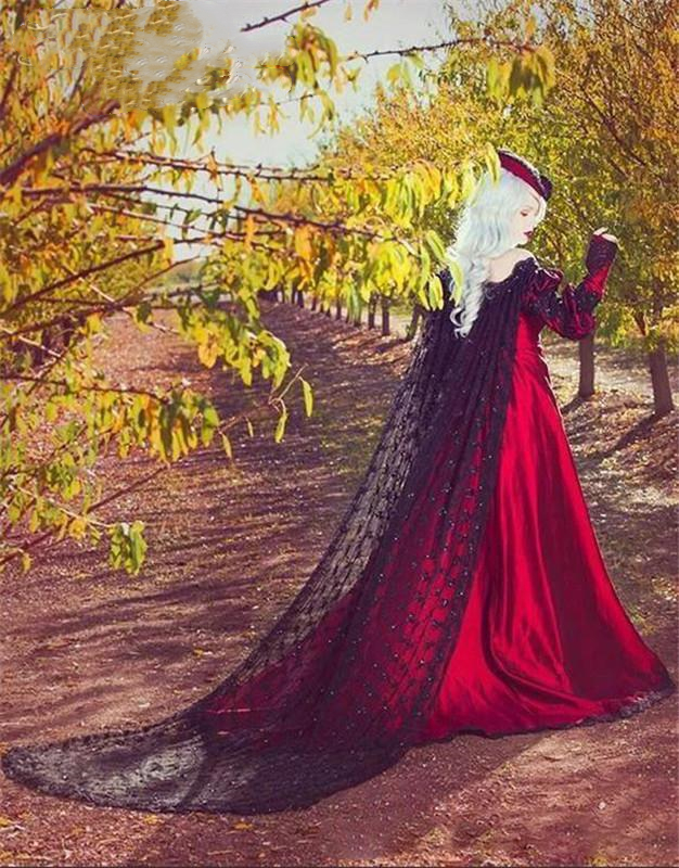 Retro Gothic Black And Red Wedding Dresses Vintage Bridal Gowns With Long Wrap 2021 Lace Appliqued Beads A Line Victorian Bride Dress Full Sleeves