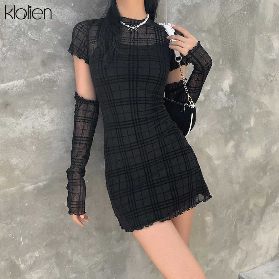 KLALIEN Spring Fashion Simple Plaid Patchwork Young Style Dress Women Casual Street Slim Office Lady Black Mini Dress 210630