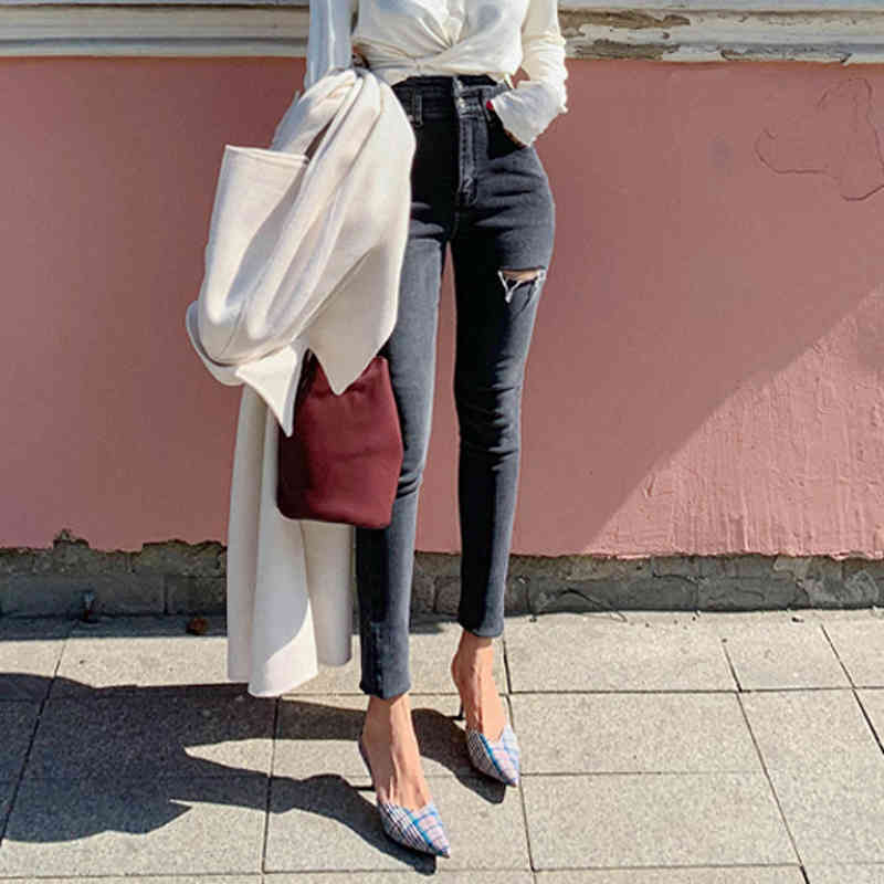 Dark Grey Female Streetwear Ripped Holes Pencil Jeans Women High Waist Skinny Stretch Denim Pants Femme 10398 210417