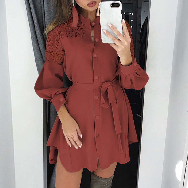 Plus Size Autumn Shirt Dress Women Solid Stand Neck Lace Patchwork Long Sleeve Belt Mini Dress Ladies Buttons Ruffle Party Dress 210409