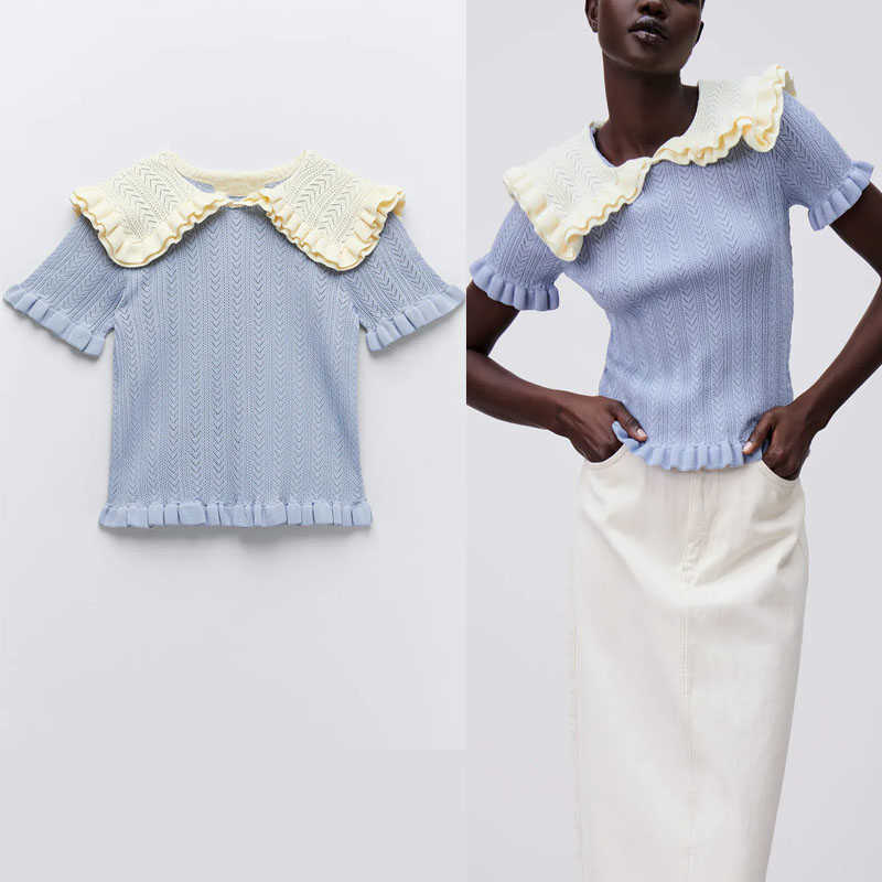 Za Patchwork Ruffle Knit Spring Sweater Women Short Puff Sleeve Blue Pullover Feminine Fashion Vintage Fitted Knitted Top 210602
Za Patchwork Ruffle Knit Spring Sweater Women Short Puff Sleeve Blue Pullover Feminine Fashion Vintage Fitted Knitted Top 210602