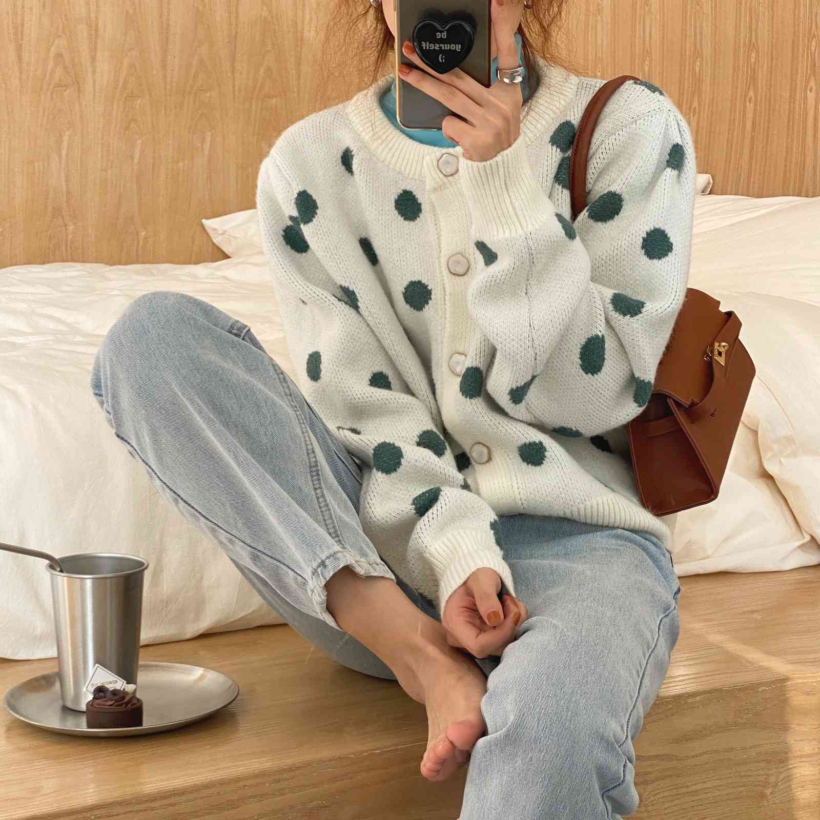 OL Outwear Tops Loose Dot Print Sweater Women Autumn Winter Elegant Long Sleeve Knitted Cardigan Female Sweaters 210421