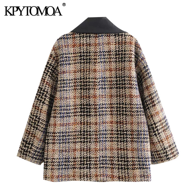 Women Fashion Patchwork Check Loose Tweed Blazers Coat Long Sleeve Pockets Female Outerwear Chic Tops 210420