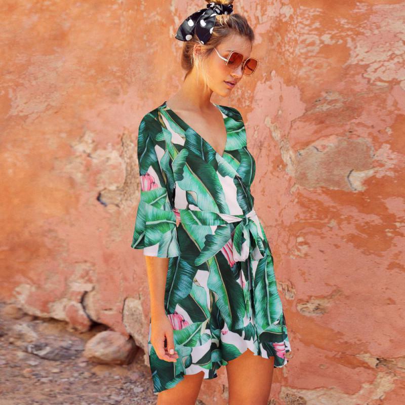 Women Dress Deep V Neck Flare Sleeve Printed Bohemian es Floral Lace Up Sexy Beach es Fashion Summer 210513