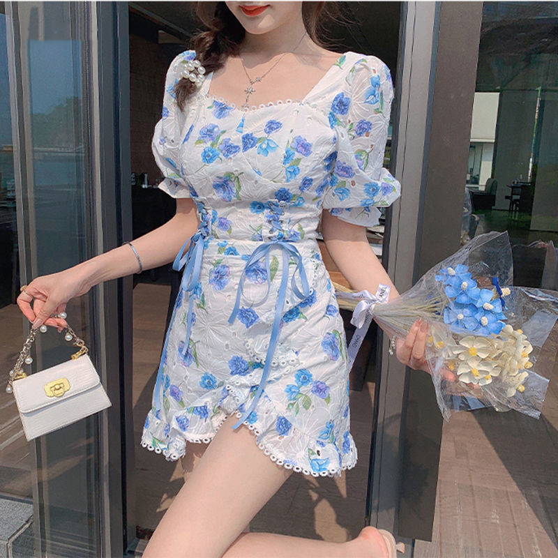 Sweet Floral Print 2 Pieces Sets Vintage Women Elegant Bandage Puff Sleeve Summer Blouse+Hight Wasit Skirts Suits 210510