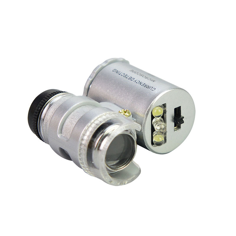 100pcs 2 in 1 60X Mini Pocket Jewelry Jeweler Magnifier Measuring UV Money Currency Detector Microscope Loupe Magnifying Glass Antiques Cloth With LED Light