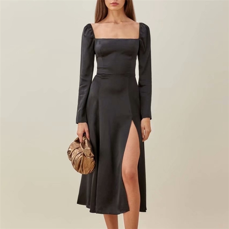 Elegant Women Black Satin Dresses Fashion Ladies Square Collar Vestidos Streetwear Female Chic Slit Side Dress 210430