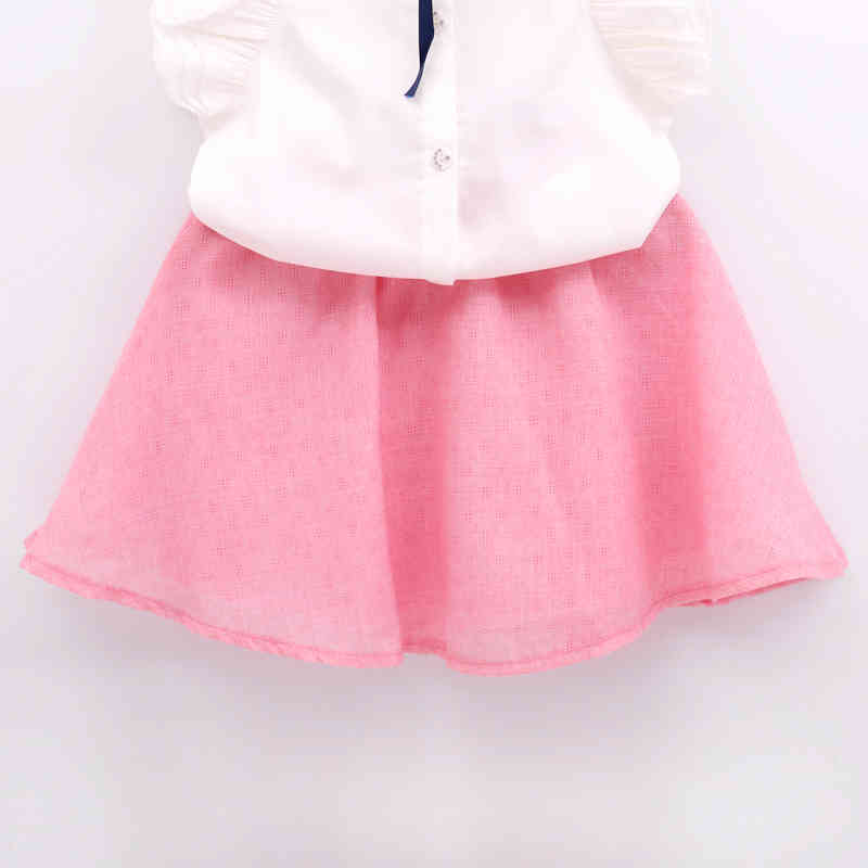 Girls Sets Summer Cotton Tie Bow T-shirt+Solid Color Short Skirt Fashion Party Clothes Kids 210515