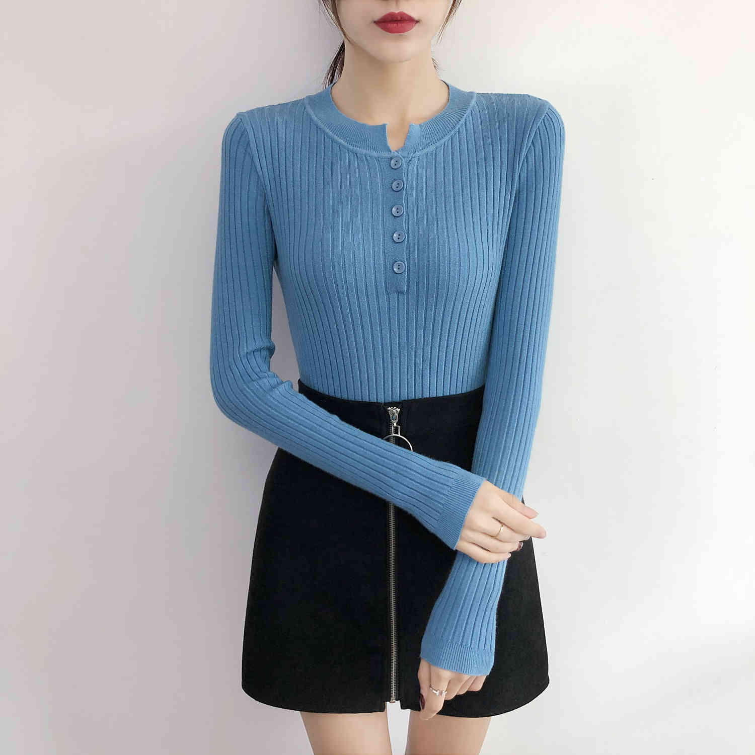 Winter Slim Elasticity Solid Round Neck Knitted Long Sleeve Women Shirts Autumn Sweaters Clothes Button 7577 50 210510