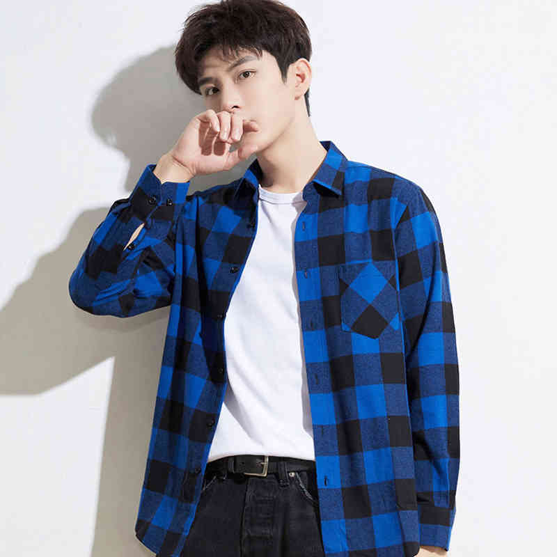 Men's Fashion 100% Cotton Brushed Flannel Shirts Single Pocket Long Sleeve Slim-fit Youthful Soft Casual Plaid Checkered Shirt 210410