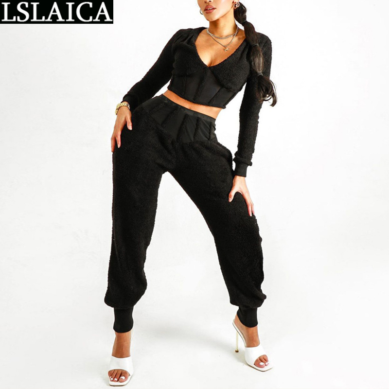 Style Trousers Deep V Top Lamb Cashmere 2 Piece Sets Elastic Waist Slim Pullover Casual Solid Color Roupas Femininas 210520