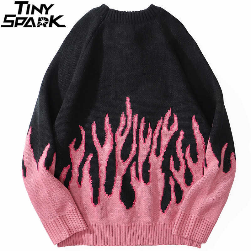 Hip Hop Mens Streetwear Harajuku Knitted Sweater Blue Fire Flame Autumn Sweater Pullover Loose HipHop Retro Vintage Cotton 210818