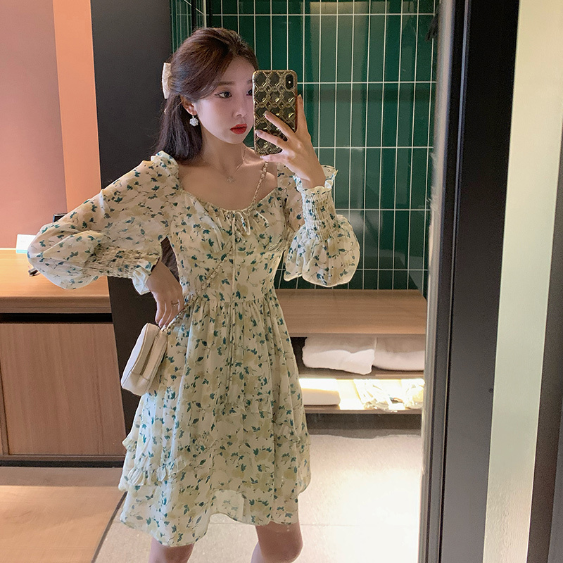 Korean Style Square Collar Elegant Vingate Dress Women Long Sleeve Floral Printed Dress Beach Dress for Females Summer Chic 210521